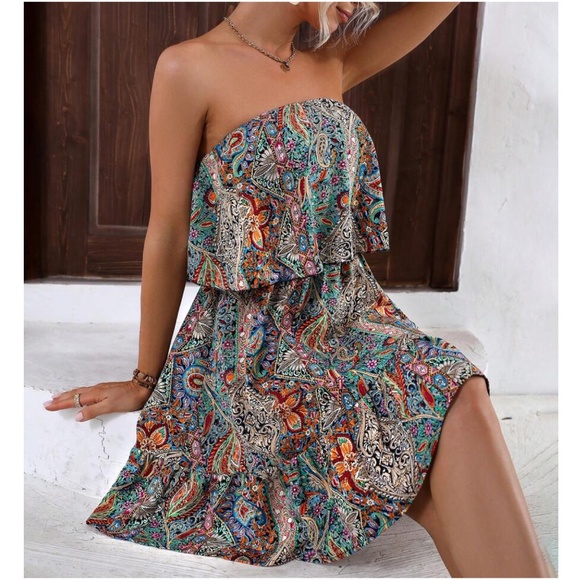 Boho Paisley Print Strapless Tube Mini Dress - Picture 2 of 4
